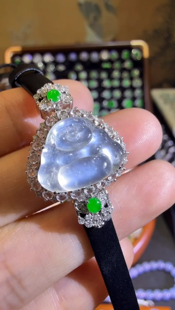 【闪购商品】翡翠手链18K金镶嵌 玻璃种极光白佛公