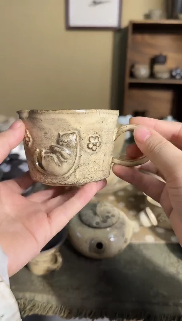 瓷片手作花与猫咖啡杯