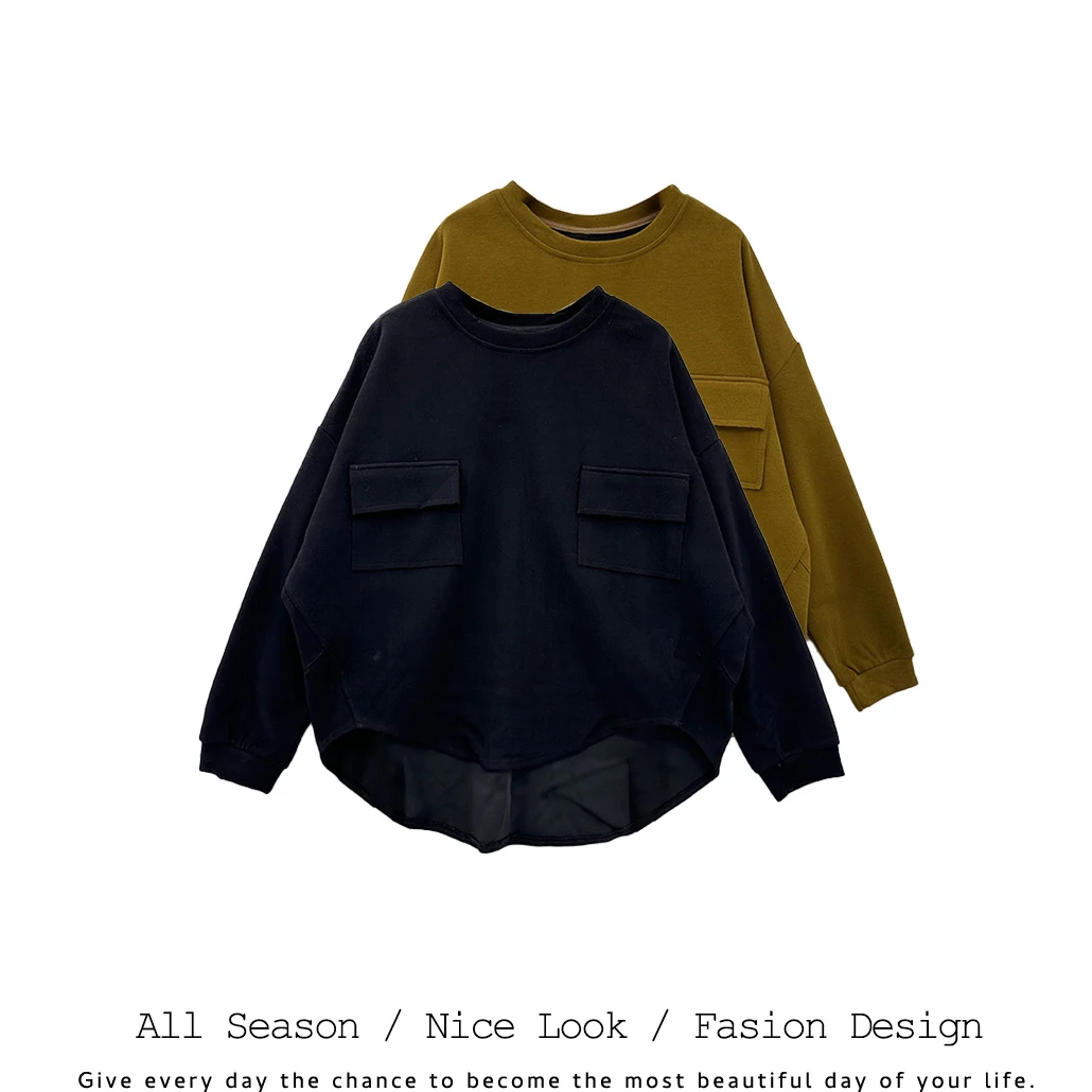 758/969      时尚双色前短后长宽松百搭圆领长袖      款号#0823