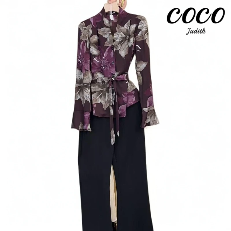 【两件套】2025秋季花色气质长袖上衣+休闲裤子时尚套装M670