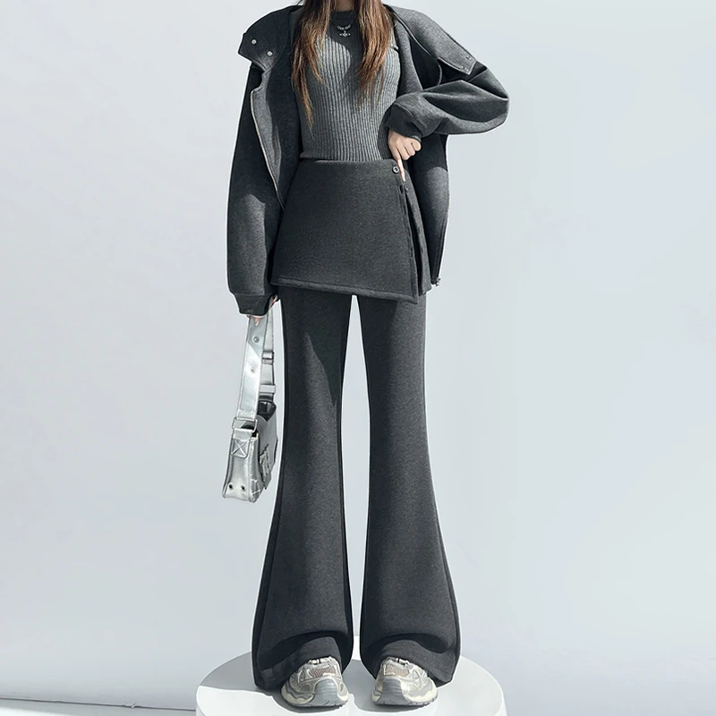 2025秋冬季新款加绒假两件屁帘微喇休闲裤高腰显瘦弹力拖地喇叭裤