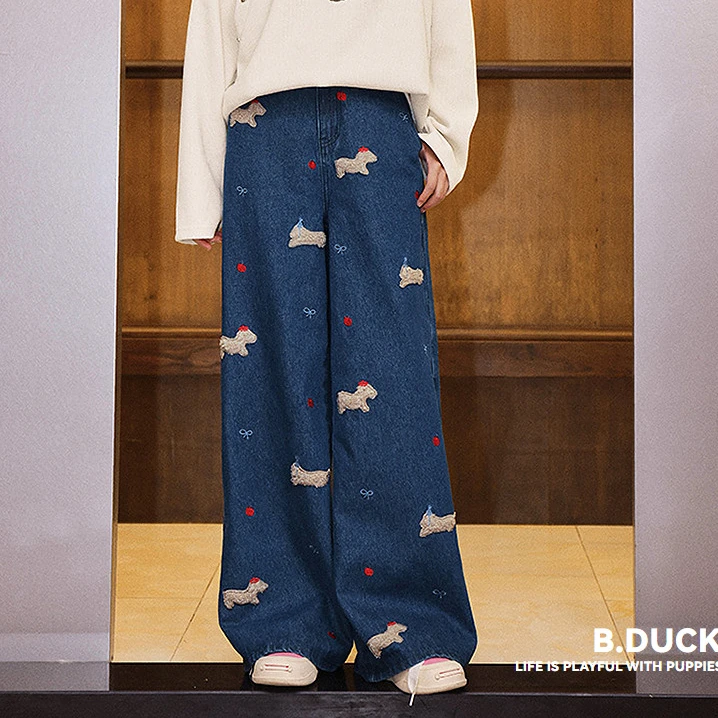 【汪星世界】B.Duck小黄鸭2025春季新款丹宁蓝小狗宽松直筒牛仔裤