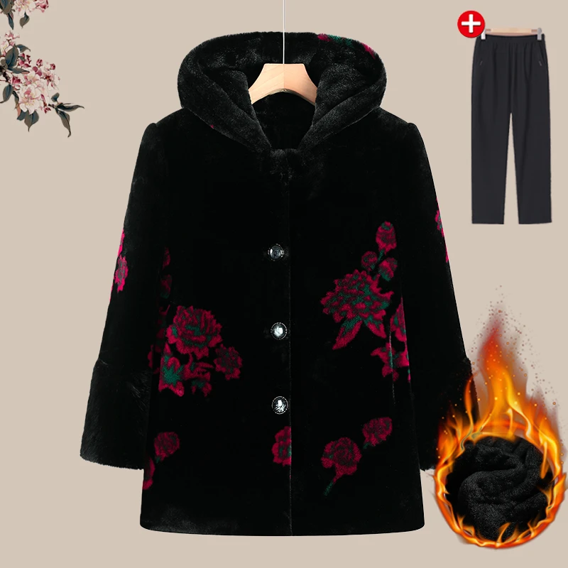 中老年人冬装外套女奶奶加绒加厚妈妈连帽大衣老人太太毛呢外套