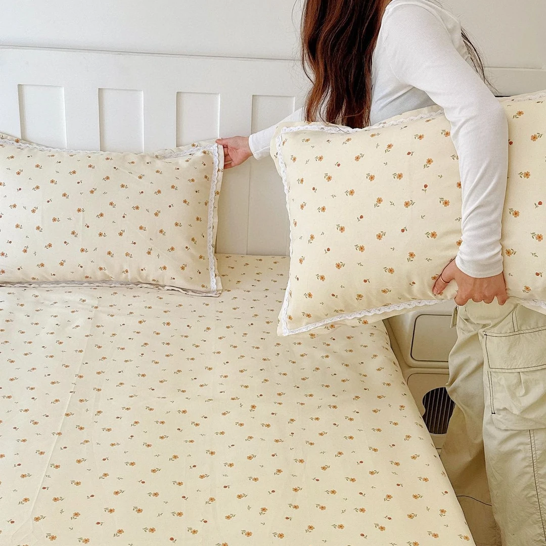 老粗布床单三件套细纱花边款软席加厚吸湿透气不起球凉席床单枕套