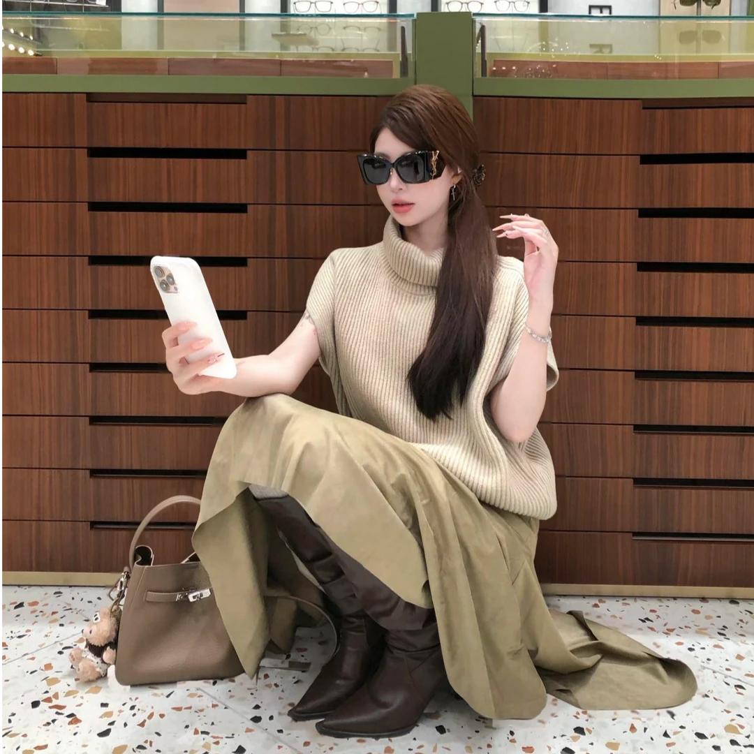 高领宽松无袖针织衫女秋冬季韩系穿搭气质外搭可叠穿上衣半身裙子