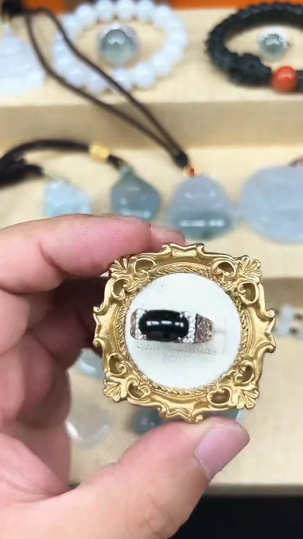 银S925镶嵌戒指翡翠天然A货翡翠  墨翠戒指