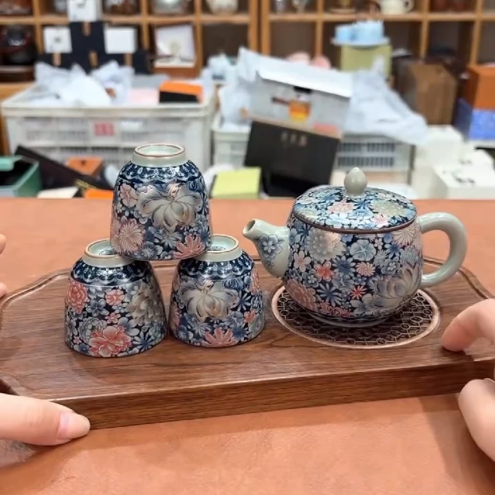 汝窑繁花似锦茶壶+3个汝窑繁花似锦客杯+龙形小茶盘