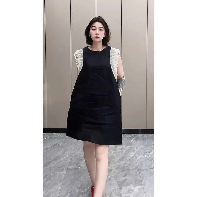 2025流行的高端欧货夏款无袖双层蕾丝拼接花边背心连衣裙中长款裙