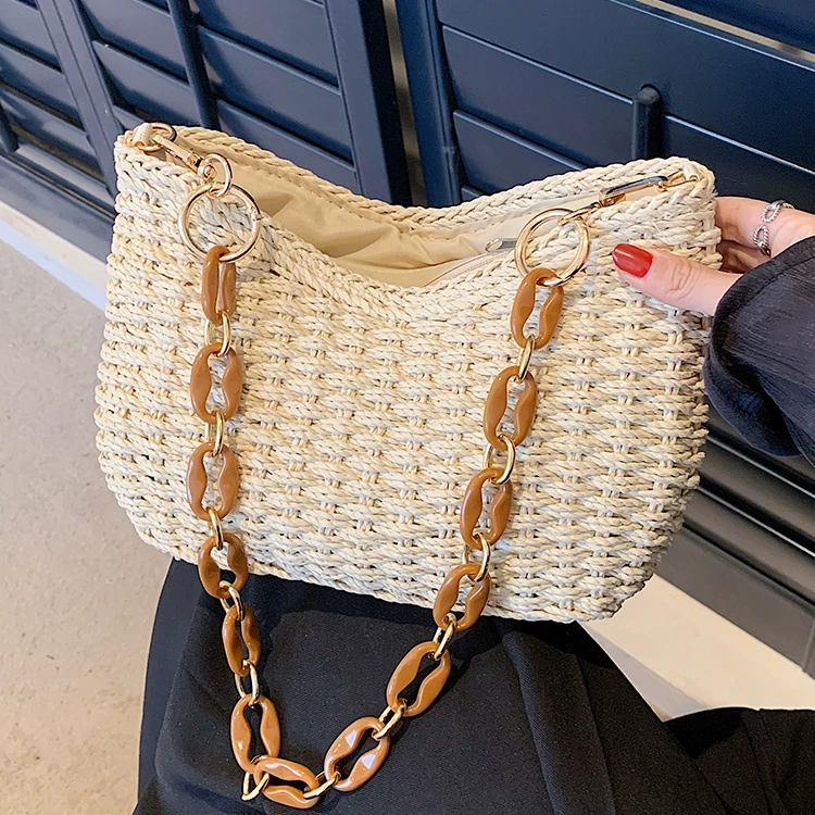 单肩腋下沙滩编织包拉链夏季单根证件位单肩包肩包耐脏编织小挎包