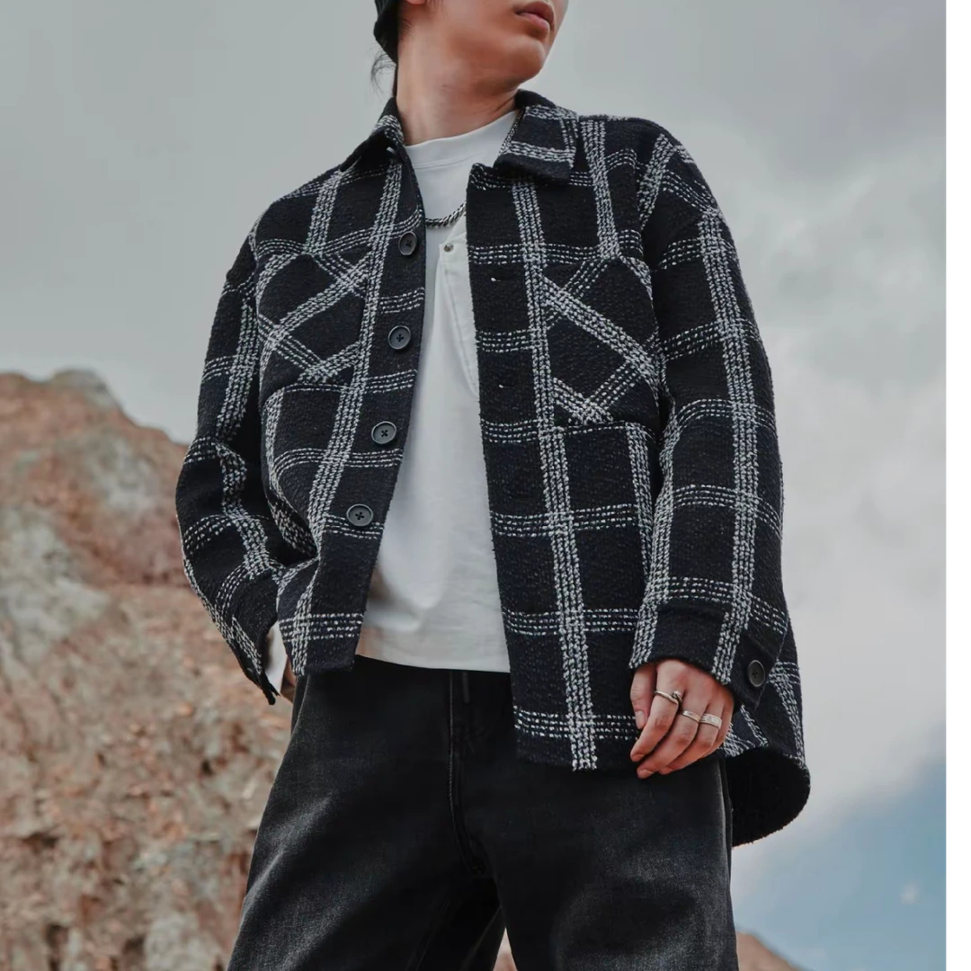 黑白复古百搭格子夹克衫男秋冬新款翻领美式潮流休闲外套234681