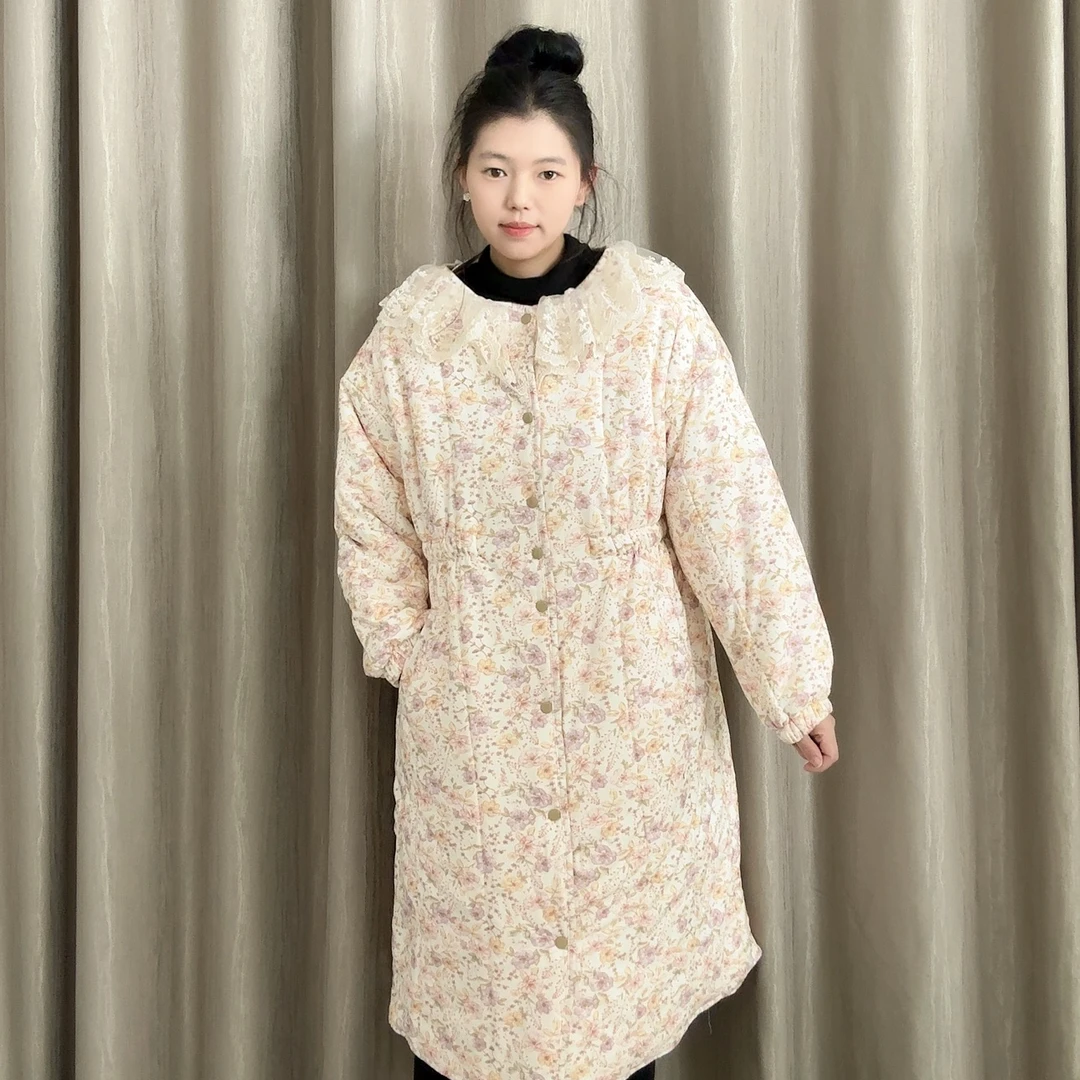 新疆棉花【浅色小花】收腰蕾丝温柔风宽松家居服保暖棉衣棉服