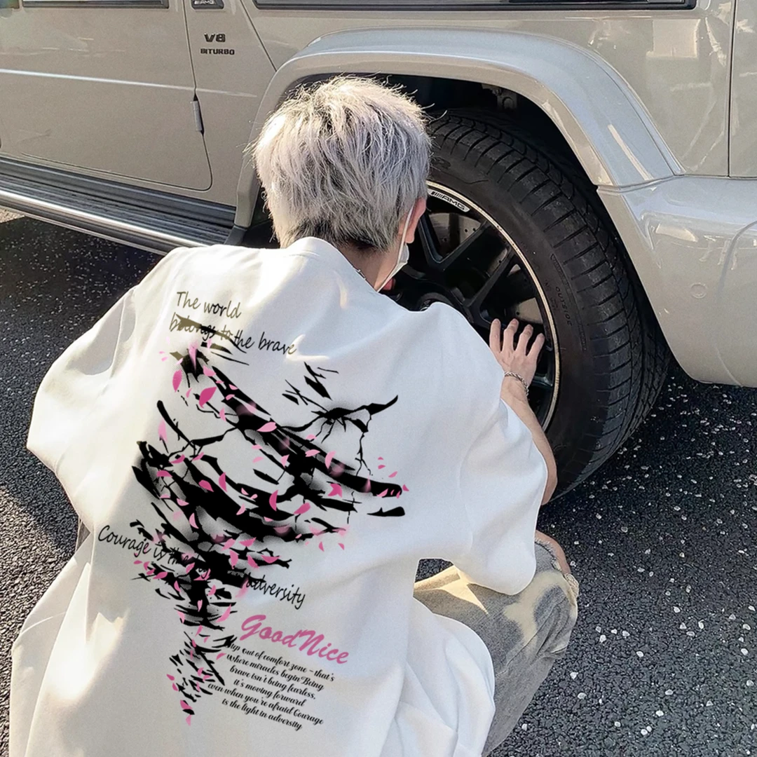 美式高街纯棉短袖t恤夏季潮流百搭宽松复古花瓣印花重磅情侣上衣