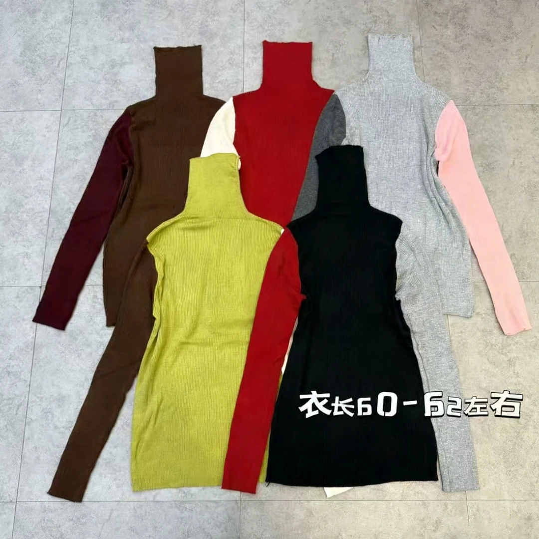 三色拼接撞色套头高领针织衫秋冬时尚百搭拼色长袖针织