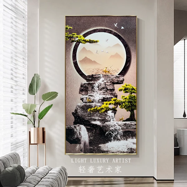新中式福鹿迎客松晶钻装饰画适合走廊过道入户玄关