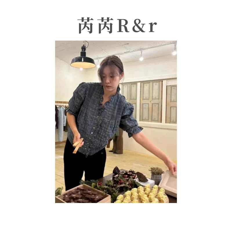 芮芮Rr - “复古荷叶” 韩单viapl*新款七分袖褶皱格子衬衣女