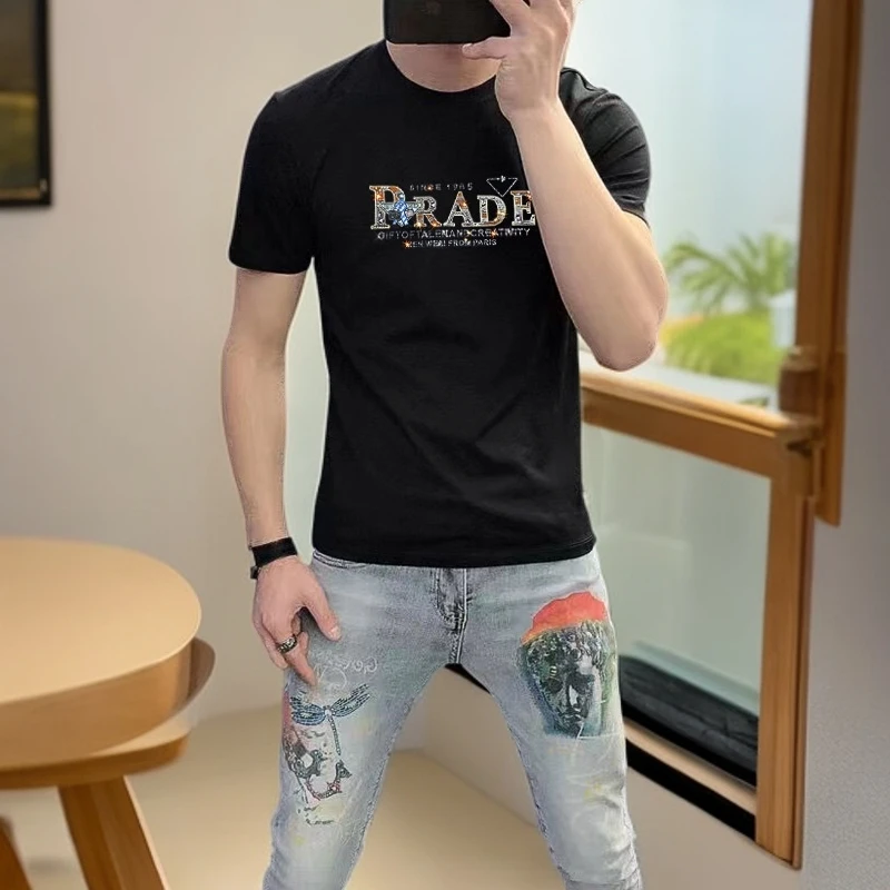 2025夏季新款男士欧洲站短袖t恤男修身潮流时尚百搭欧货高端烫钻