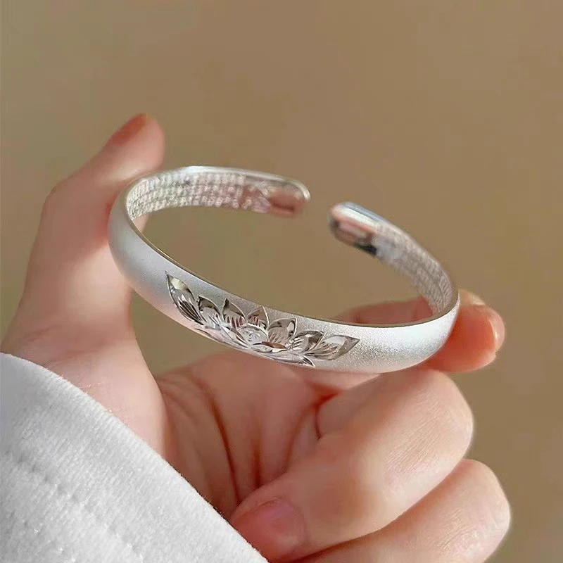 足银手镯 足银999.9古法莲花心经开口手镯可调节镯子女