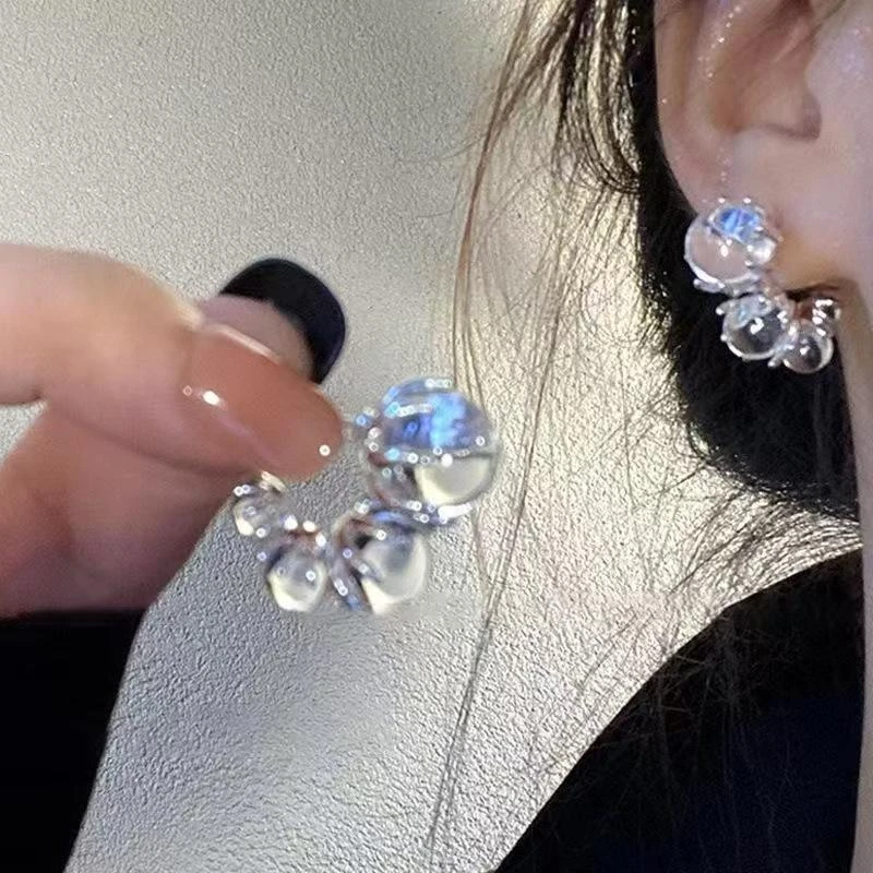 钛钢树脂耳饰 高级清冷感C形冰透串珠耳环轻奢独特设计气质百搭S