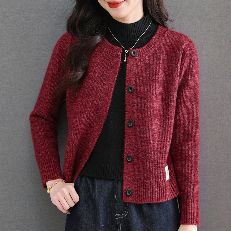 哥弟阿玛施正品半高领拼色假两件针织开衫女秋冬短款外穿毛衣外套