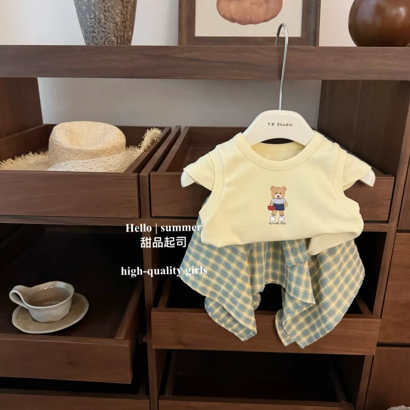 【场仔】奶酪熊卡通夏天背心套装女宝宝上衣格子短裙两件套夏500278