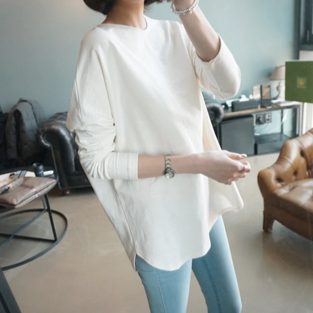 2025宽松棉质白色T恤女内搭长袖打底上衣春秋冬加绒中长款遮屁股
