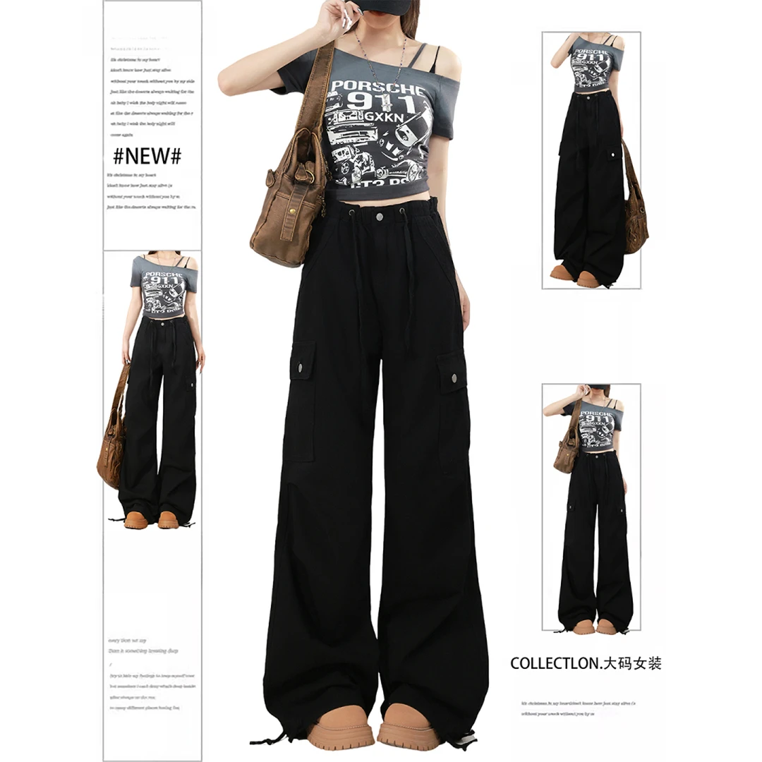 大码女装胖mm梨型遮胯显瘦阔腿牛仔裤女复古街头风多口袋工装长裤