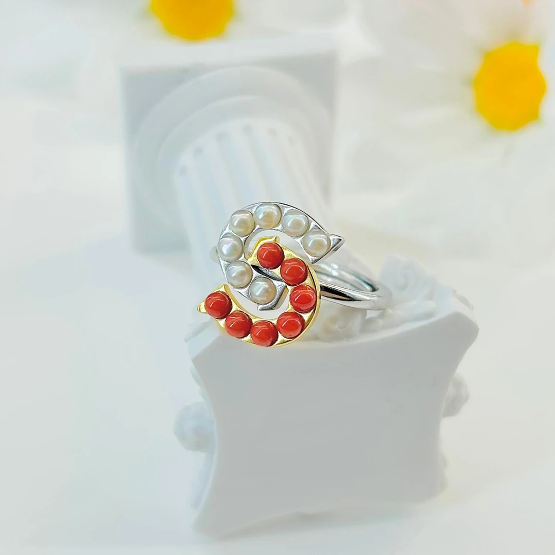 【央广】珊瑚银镶戒指 珊瑚约2.5mmS925  XQ0021 多样性发货