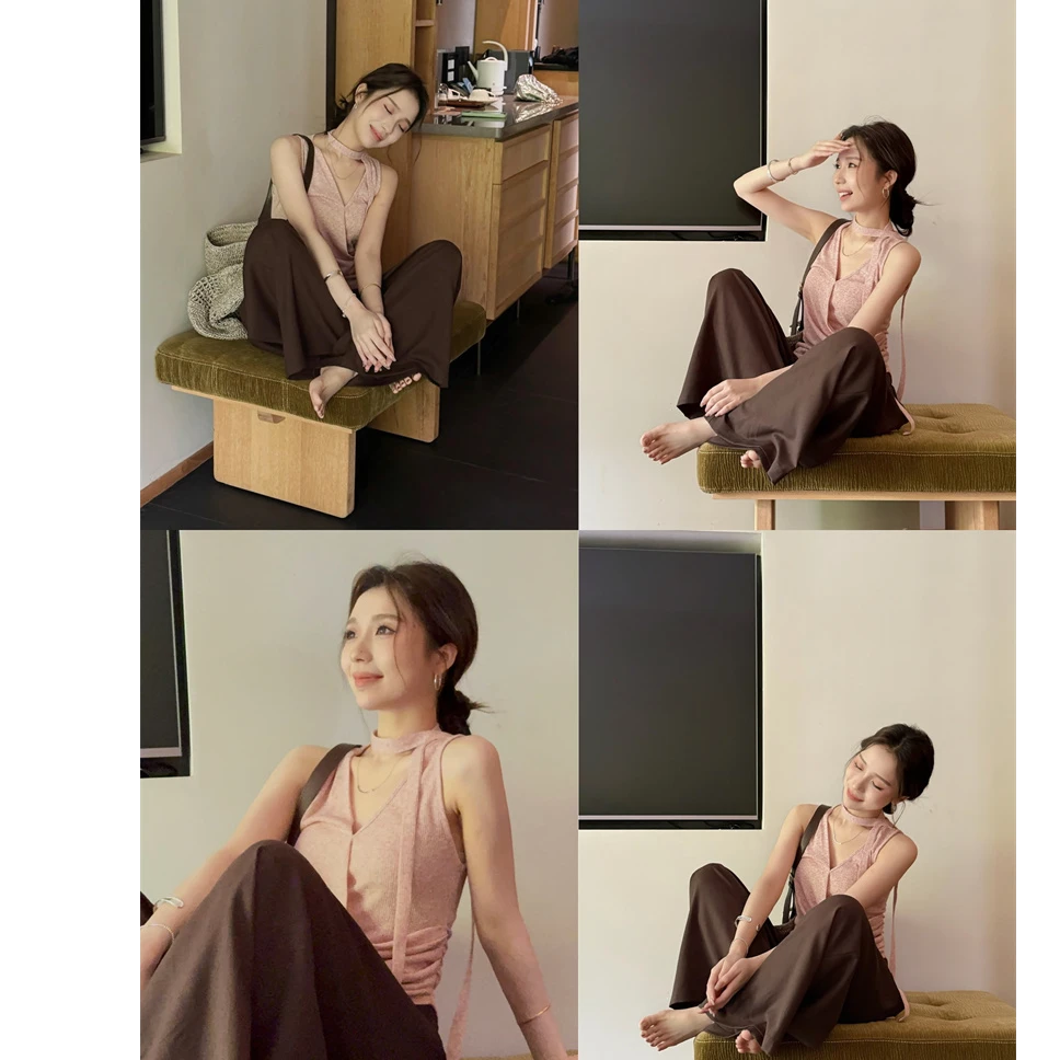 YPP!粉芭乐~不对称下摆设计侧腰收褶飘带上衣搭设计感休闲裤套装