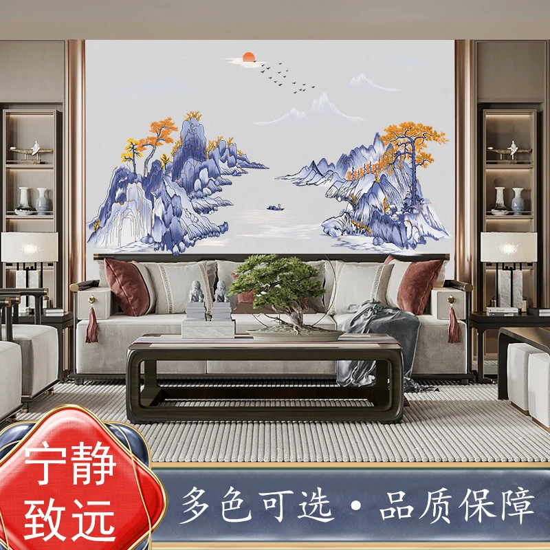 宁静致远E5高端新中式背景独绣高级感好看墙布背景墙客厅刺绣壁布