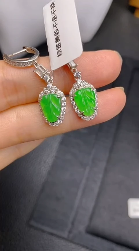 翡翠银S925镶嵌耳饰叶子