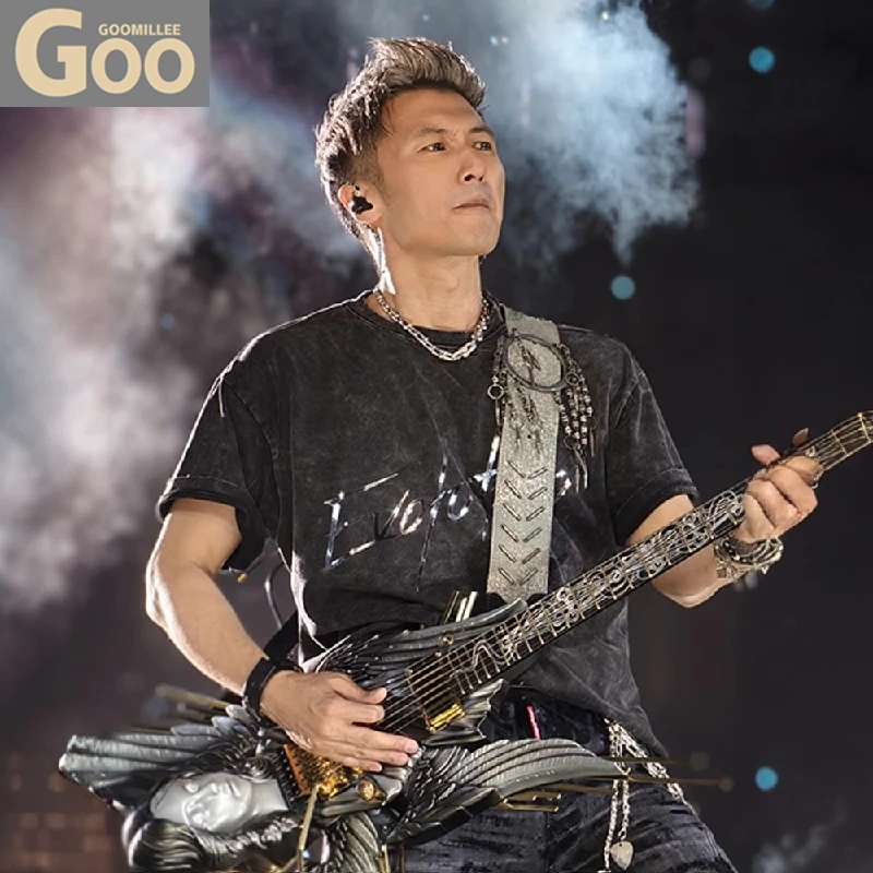 谢霆锋2025演唱会同款周边反光短袖T恤衫水洗黑重磅纯棉男士上衣