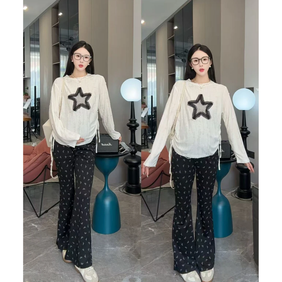 孕妇秋季新款爆款女洋气星星设计感宽松长袖搭配休闲喇叭裤两件套