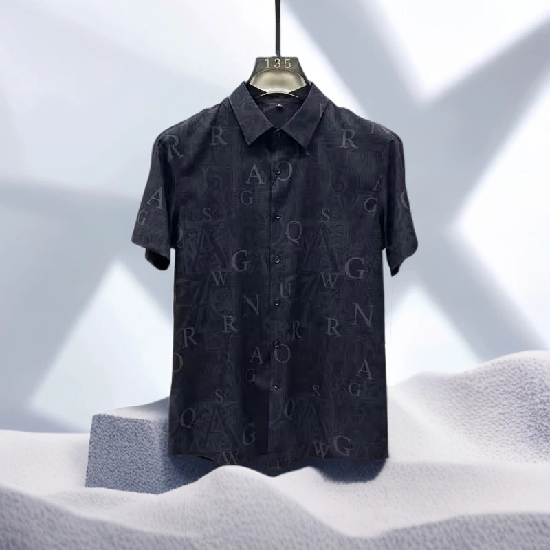宾斯洛特时尚免烫男士短袖衬衫夏季新款个性字母印花韩版修身衬衣
