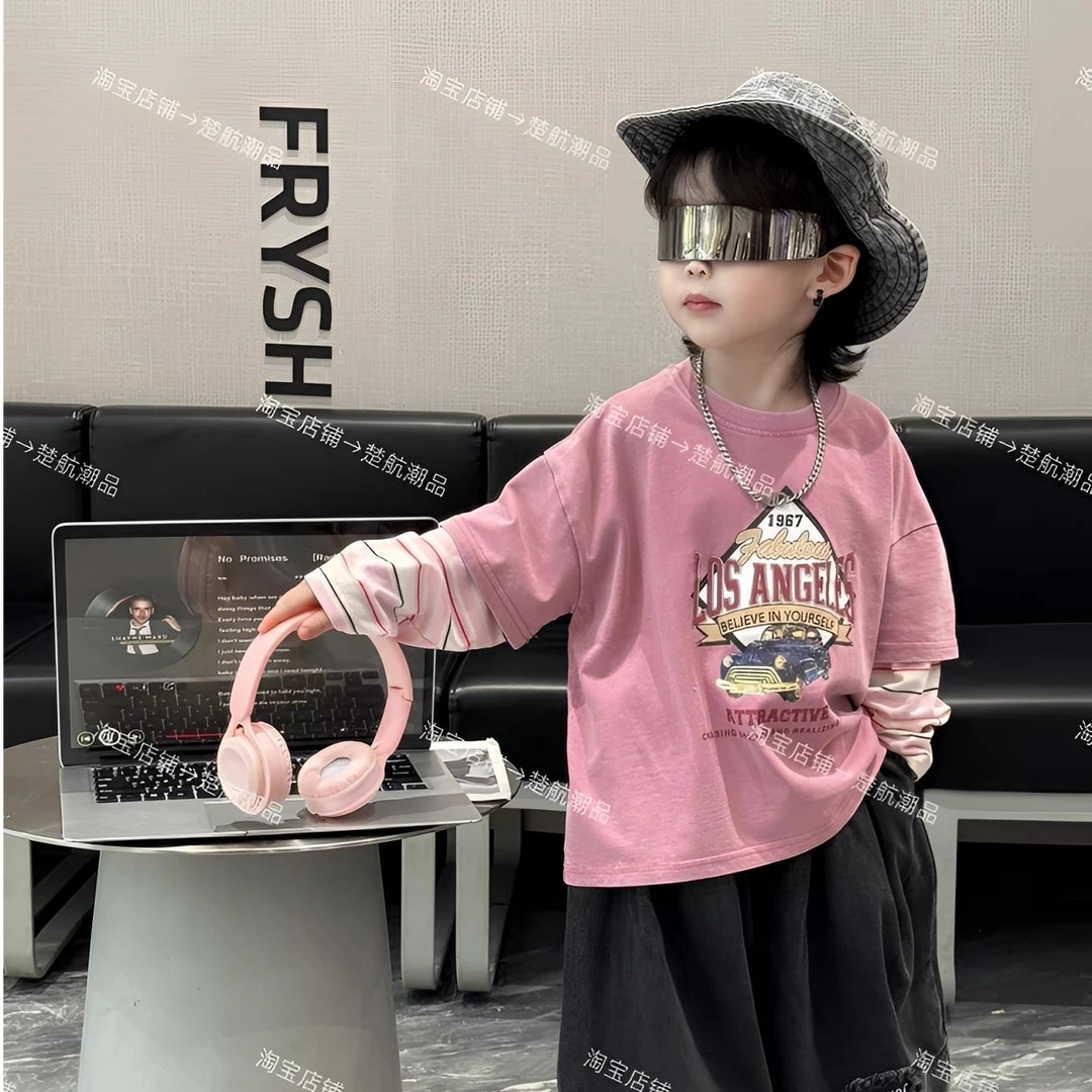 男童拼接粉色长袖打底衫2025秋款男童韩版帅气洋气卡通假两件T恤