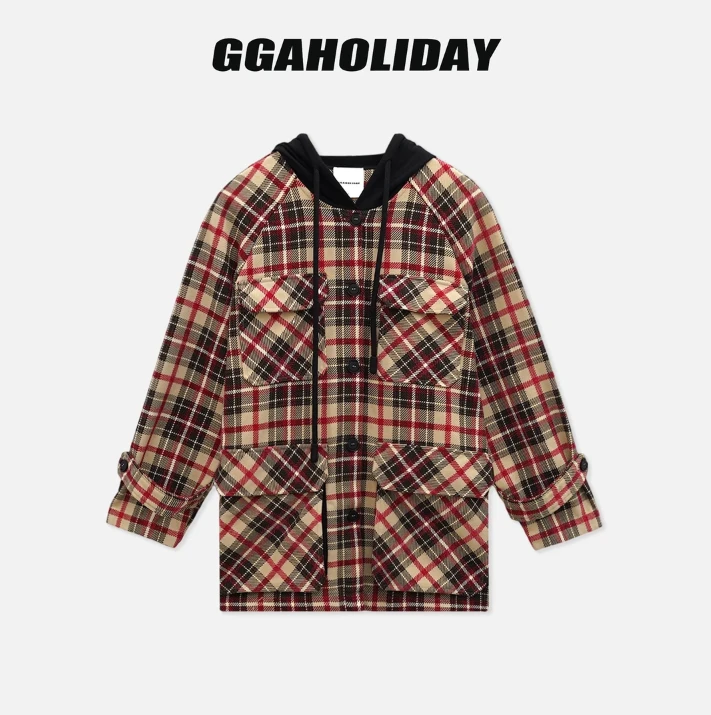 GGAHOLIDAY秋冬时尚休闲潮流格子连帽长袖毛呢中长款外套-153138