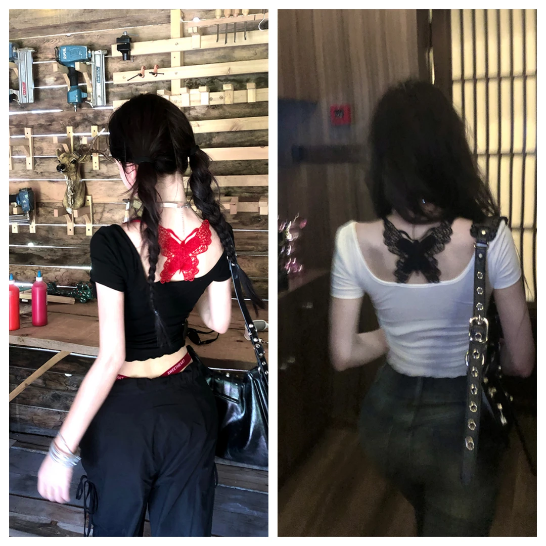 新款蕾丝露背辣妹性感不规则设计感短袖修身显瘦纯欲恤