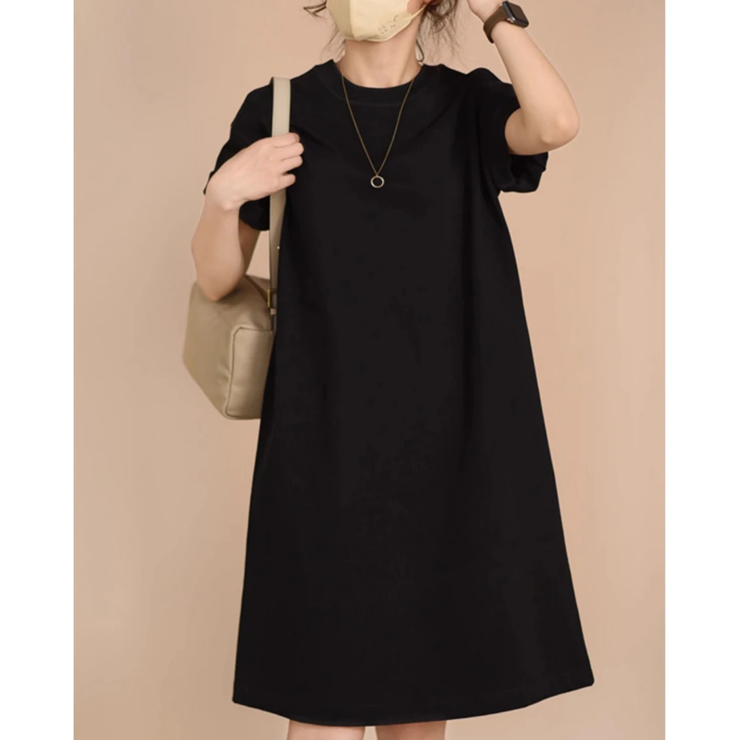 100%纯棉舒适感连衣裙夏季休闲时尚百搭简约纯色中长款圆领T恤裙