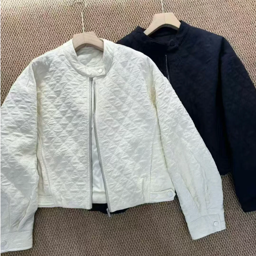 253906 立领拉链菱格设计感显瘦棉服时尚洋气外套