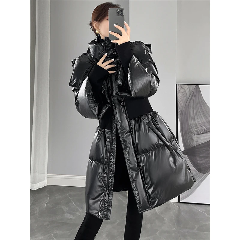 黑色亮面羽绒服女中长款2025新款冬季韩版收腰显瘦加厚白鸭绒外套