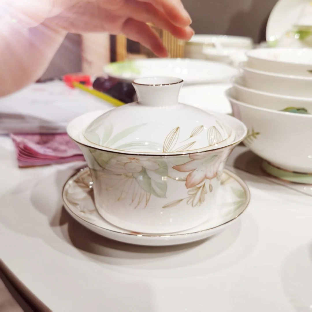 丛林小景骨质瓷盖碗茶具家用描金中式陶瓷