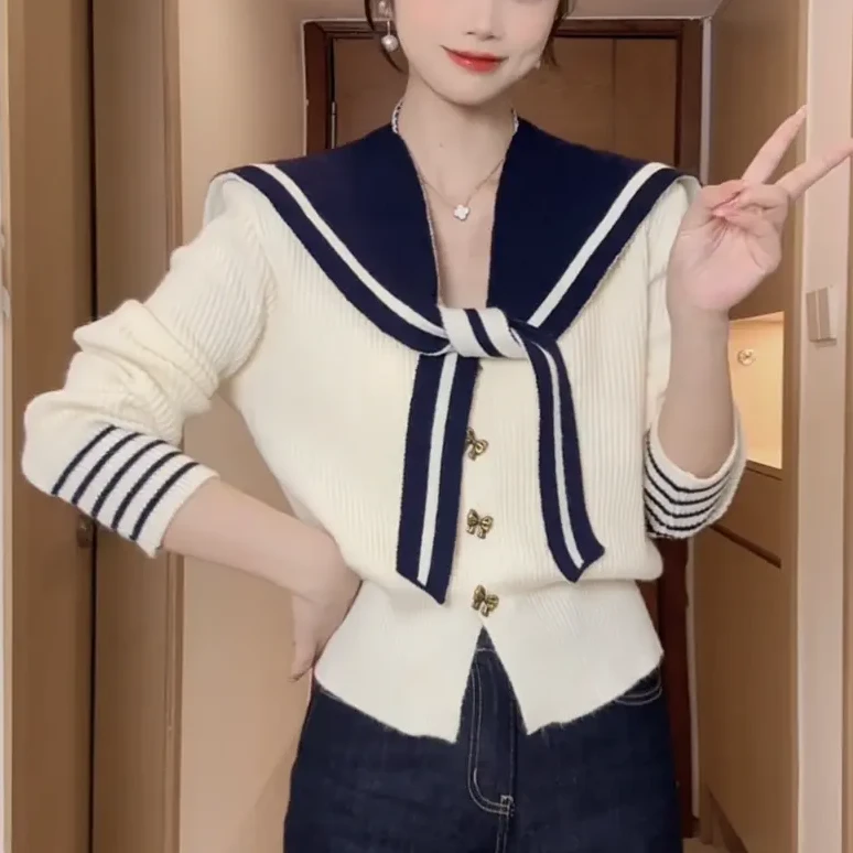 早秋穿搭学院风海军领披肩针织衫女新款宽松百搭收腰显瘦上衣女