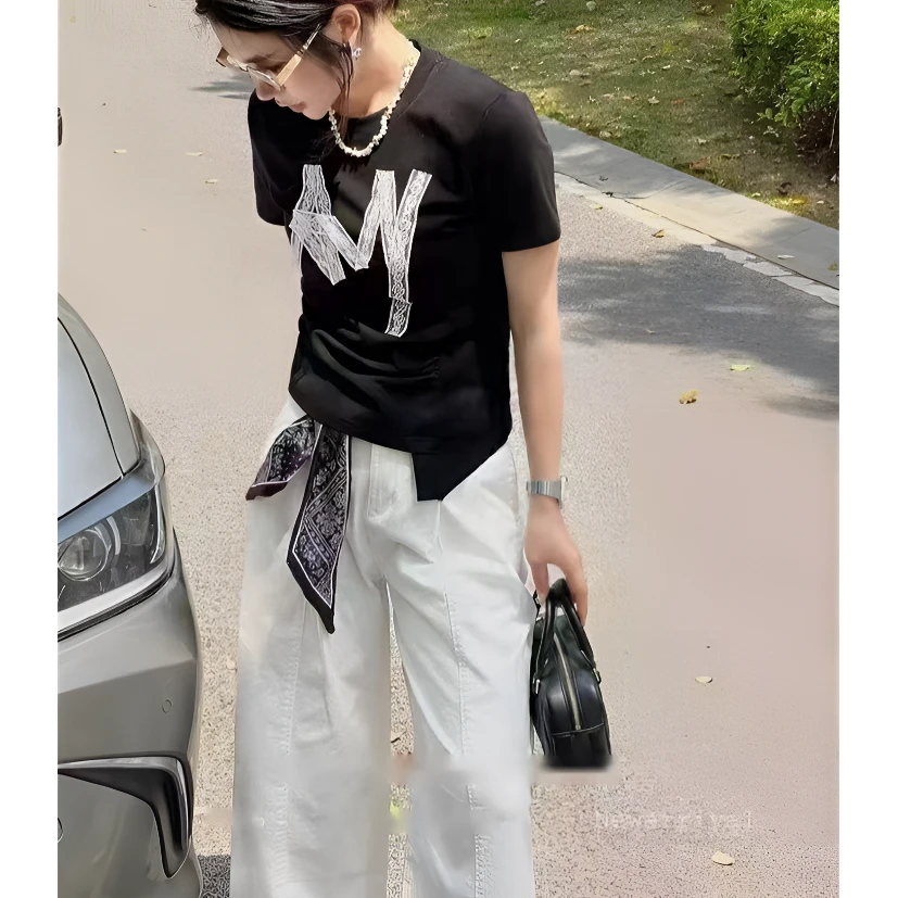 那简家8856【现货】夏季新款拼蕾丝下摆不规则圆领T恤上衣