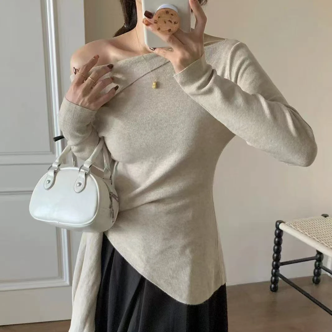 早秋法式气质绑带收腰斜肩早秋针织上衣女长袖独特漂亮洋气2-772