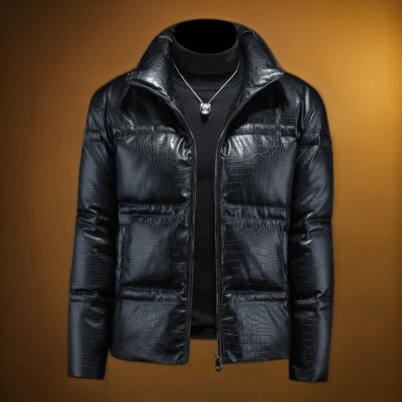 维斯克纳皮衣羽绒服男士加厚外套新款冬季青年痞帅机车服夹克时尚