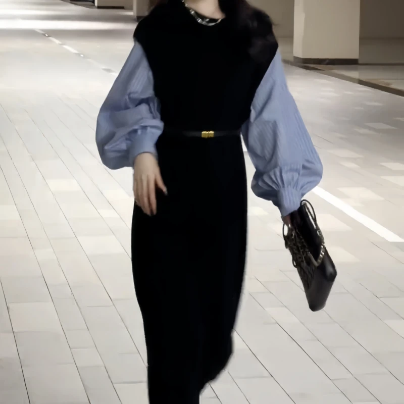 法式赫本风黑色假两件长袖连衣裙温柔气质小众时尚风早秋长款裙子