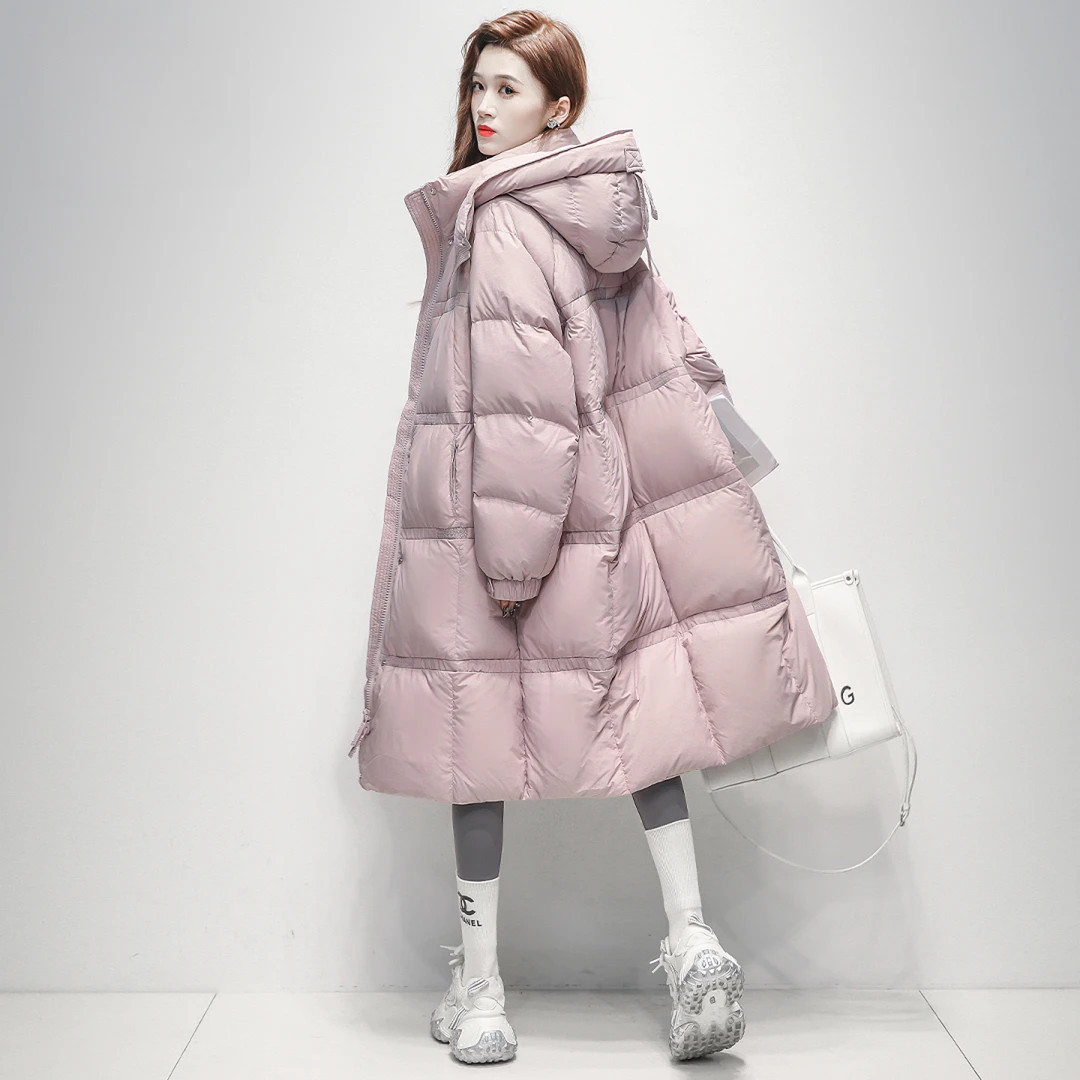 设计感连帽长款过膝羽绒服女2025冬季新款保暖加厚防寒白鸭绒外套