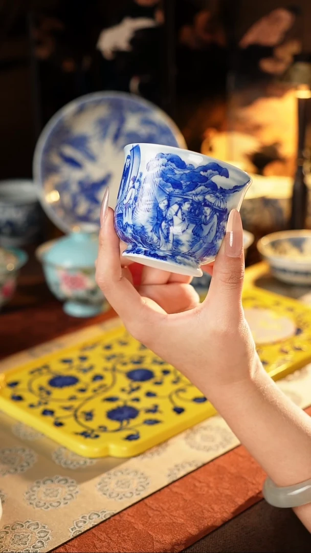 摆件伊****）瓷器瓷器瓷器消夏图单杯