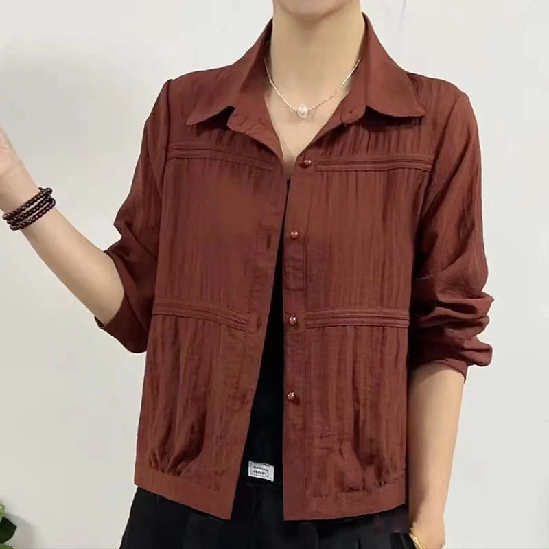 2025新品时尚长袖衬衣简约纯色韩版衬衫宽松休闲春季短款开衫外套