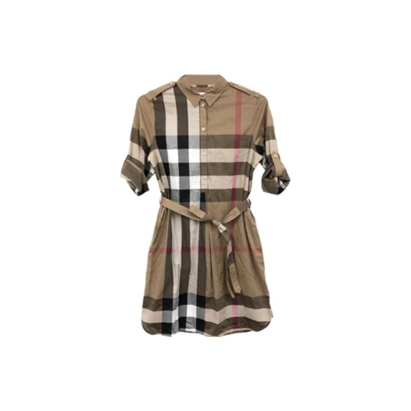 99新 BURBERRY/博柏利 SS22 格纹衬衫式单排扣五分袖短袖连衣裙