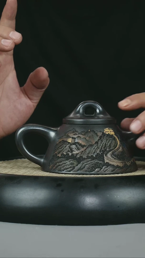 茶壶紫砂 原矿石黄 霸王石瓢 彩刻山水